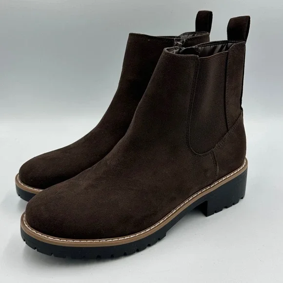 Kensie Kayla B Boot Women 8 Brown Chelsea Suede-Look Lug Sole Side Zip Ankle - Picture 4 of 10